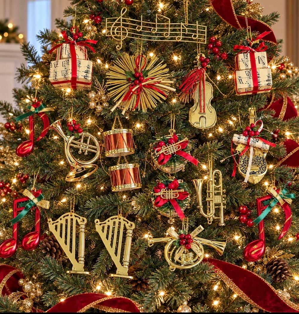 Vintage Style Musical Christmas Ornaments Gold Red Notes Instruments Lot of 21